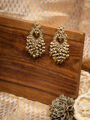 Olive Cluster gold chandelier earrings with thick olive-green bead drops, by Luxani