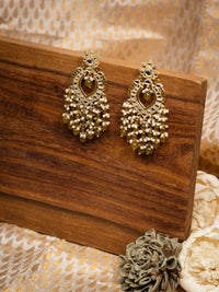 Olive Cluster gold chandelier earrings with thick olive-green bead drops, by Luxani