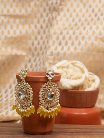 Saffron Crescent kundan chandbali earrings with warm saffron yellow bead drops, by Luxani