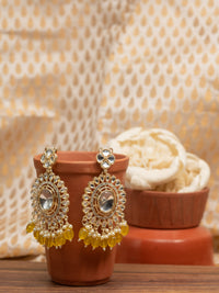 Saffron Crescent kundan chandbali earrings with warm saffron yellow bead drops, by Luxani