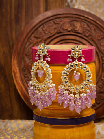 Lilac Crescent kundan chandbali earrings with soft lavender bead drops, by Luxani