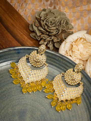 Marigold Crescent kundan chandbali earrings with marigold yellow bead drops, by Luxani