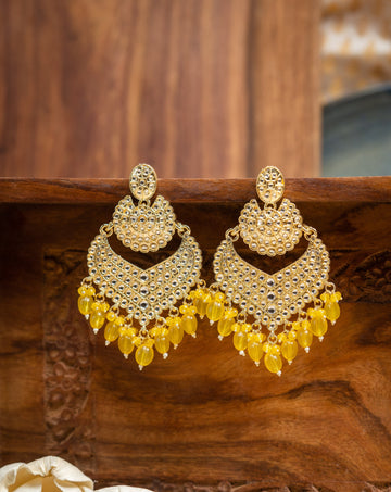 Marigold Crescent kundan chandbali earrings with marigold yellow bead drops, by Luxani
